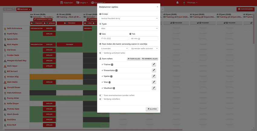 Some advanced role planner options for controlling which events and members to view, and which extra statistics should be provided.