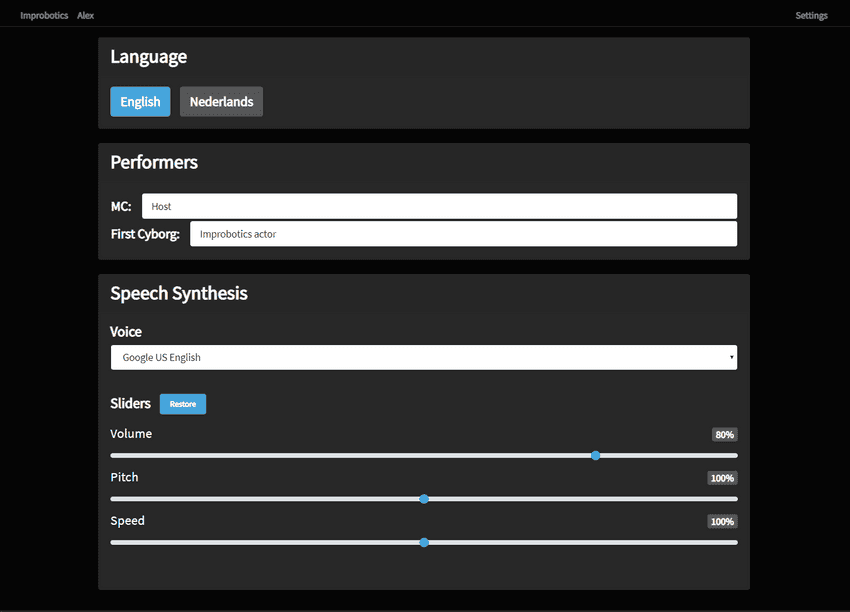 Settings screen for changing the language, Alex' voice, and variables in the script.