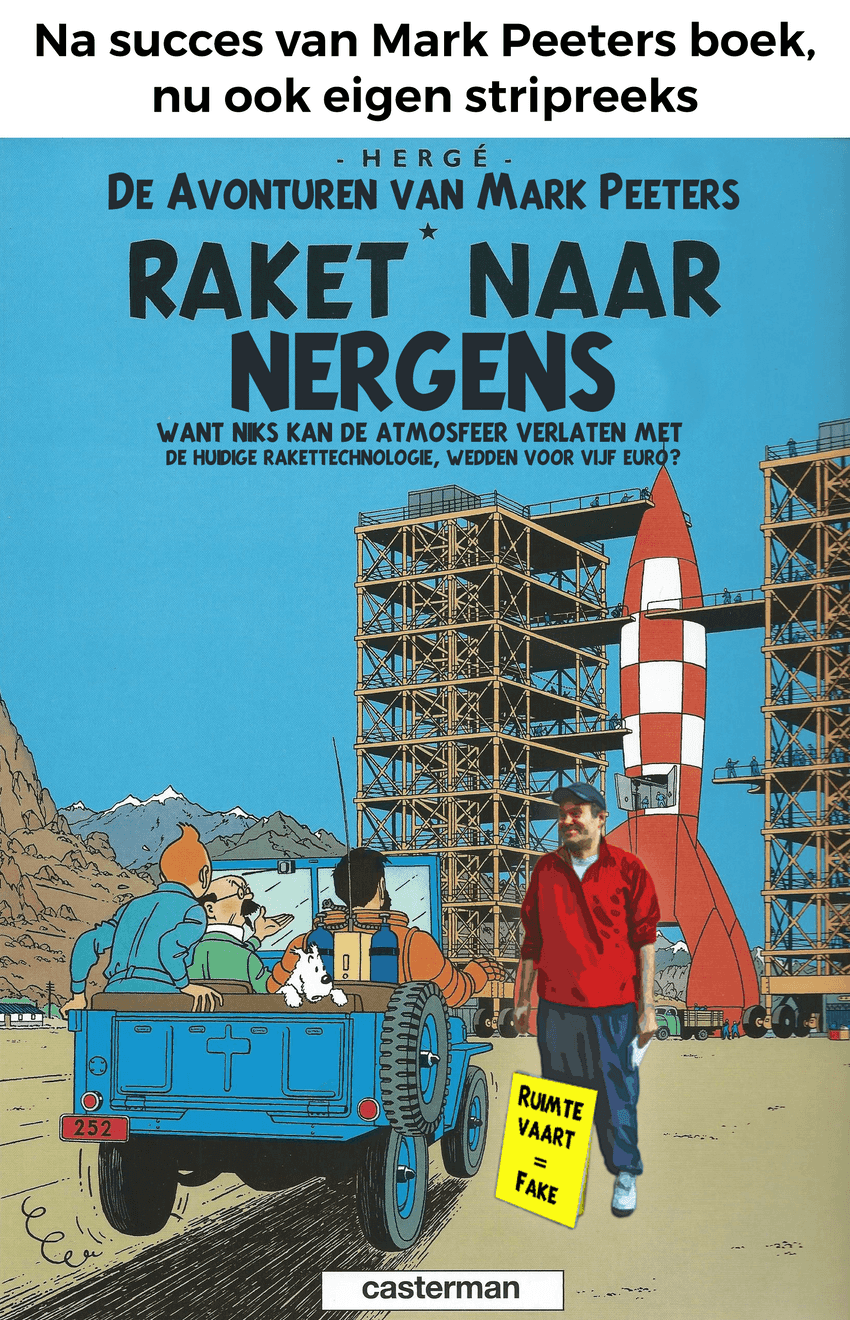 After several students published a book about Mark Peeters (Mark de Maanman), we created a fake follow-up comic book cover.
Mark surprisingly later thanked us for this cartoon, given that the actual Tintin comic book used to be one of his favorite comics growing up.