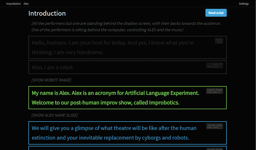 Presenter script screen. Players can easily activate the following line by clicking or pressing space, which will make Alex say the next line and make them change their pose.
